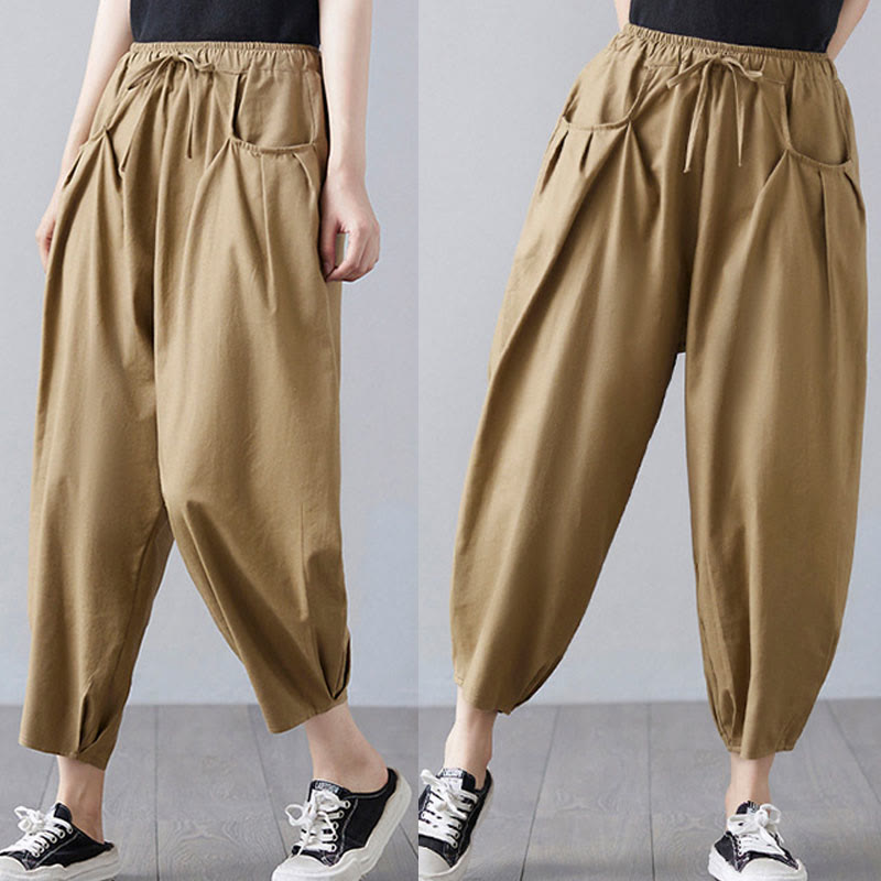 Buddha Stones Summer Plain Cropped Pants Women's Cotton Linen Harem Pants With Pockets