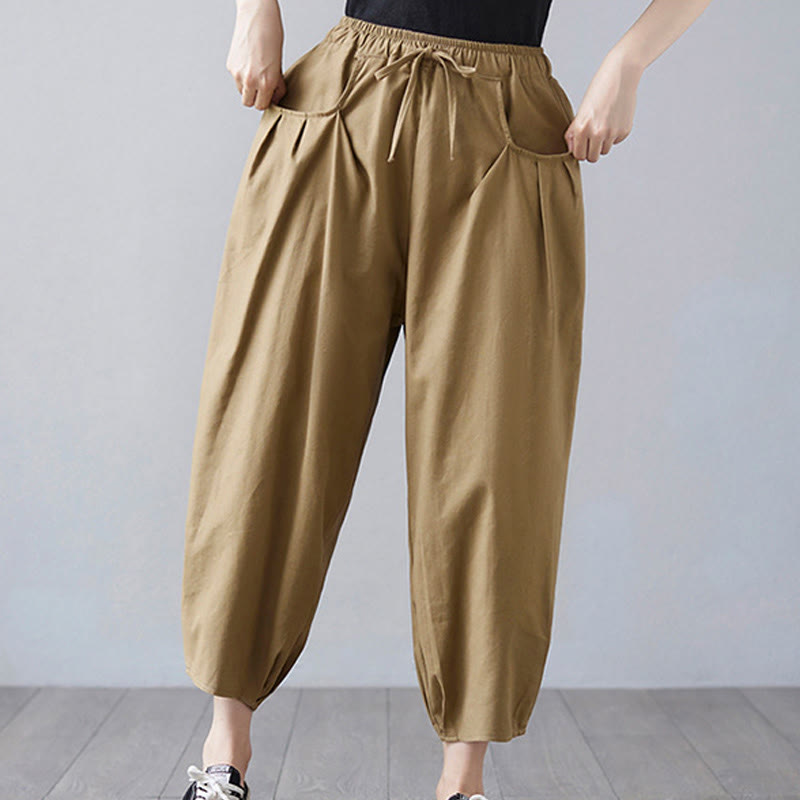 Buddha Stones Summer Plain Cropped Pants Women's Cotton Linen Harem Pants With Pockets