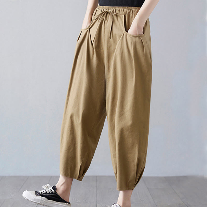 Buddha Stones Summer Plain Cropped Pants Women's Cotton Linen Harem Pants With Pockets