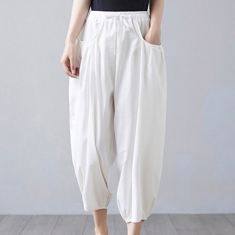 Buddha Stones Summer Plain Cropped Pants Women's Cotton Linen Harem Pants With Pockets