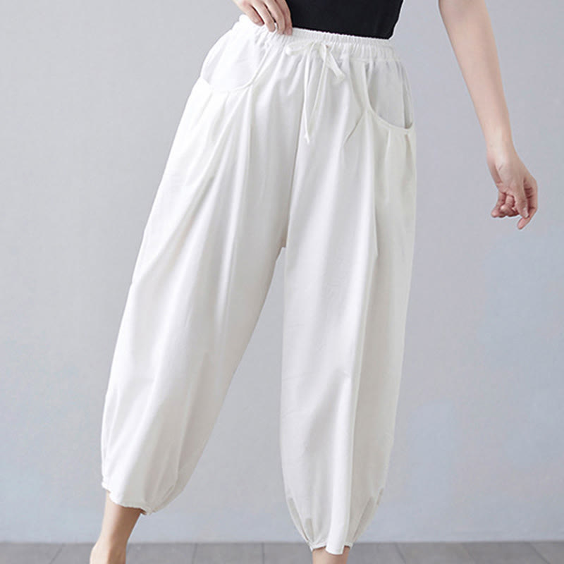 Buddha Stones Summer Plain Cropped Pants Women's Cotton Linen Harem Pants With Pockets