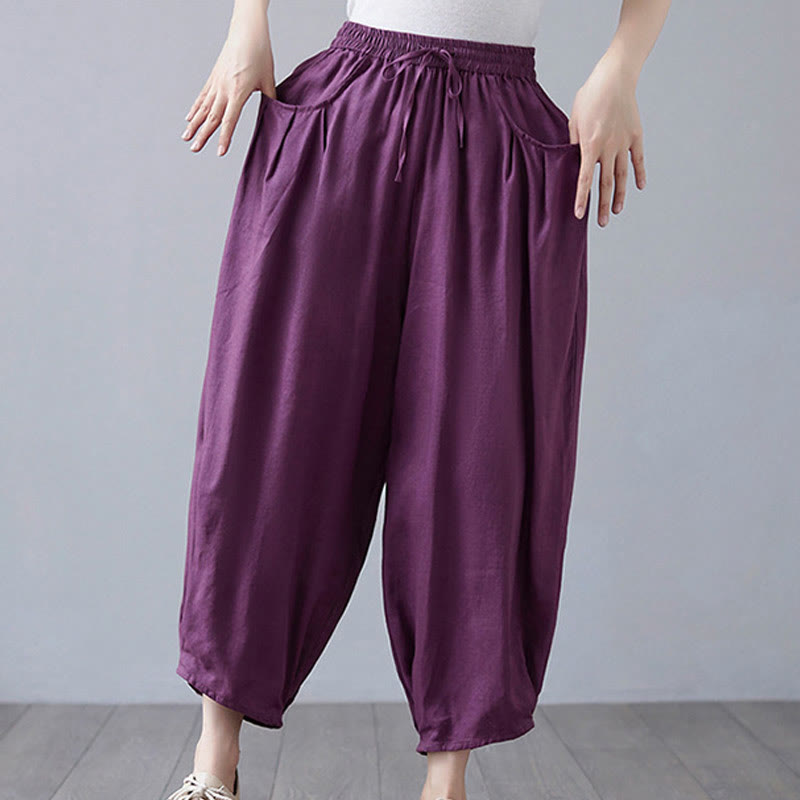 Buddha Stones Summer Plain Cropped Pants Women's Cotton Linen Harem Pants With Pockets