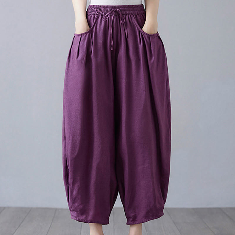 Buddha Stones Summer Plain Cropped Pants Women's Cotton Linen Harem Pants With Pockets
