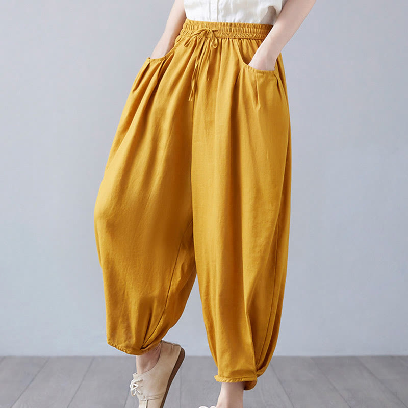 Buddha Stones Summer Plain Cropped Pants Women's Cotton Linen Harem Pants With Pockets