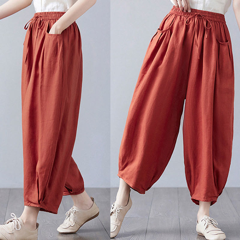 Buddha Stones Summer Plain Cropped Pants Women's Cotton Linen Harem Pants With Pockets