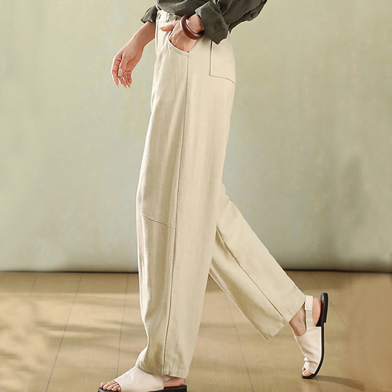 Buddha Stones Pure Color Buttons Women's Linen Pants With Pockets