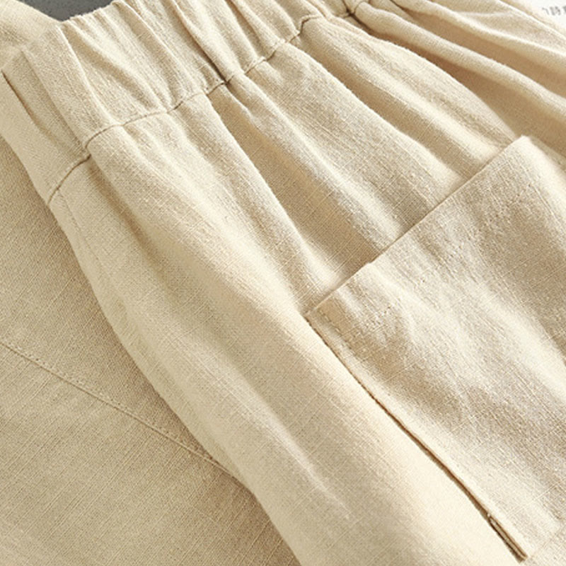 Buddha Stones Pure Color Buttons Women's Linen Pants With Pockets