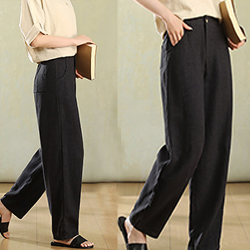 Buddha Stones Pure Color Buttons Women's Linen Pants With Pockets