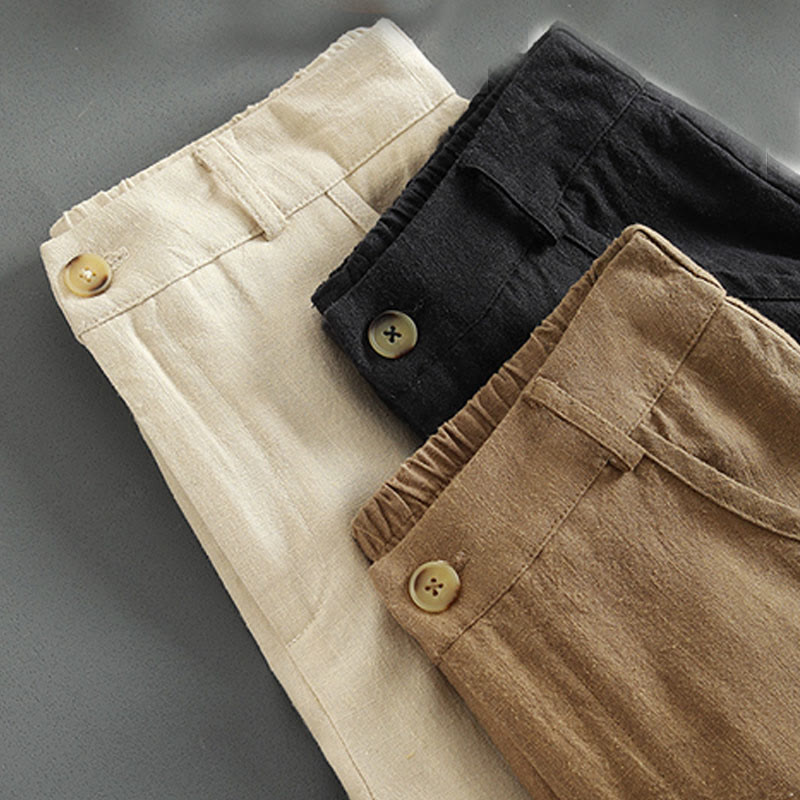 Buddha Stones Pure Color Buttons Women's Linen Pants With Pockets
