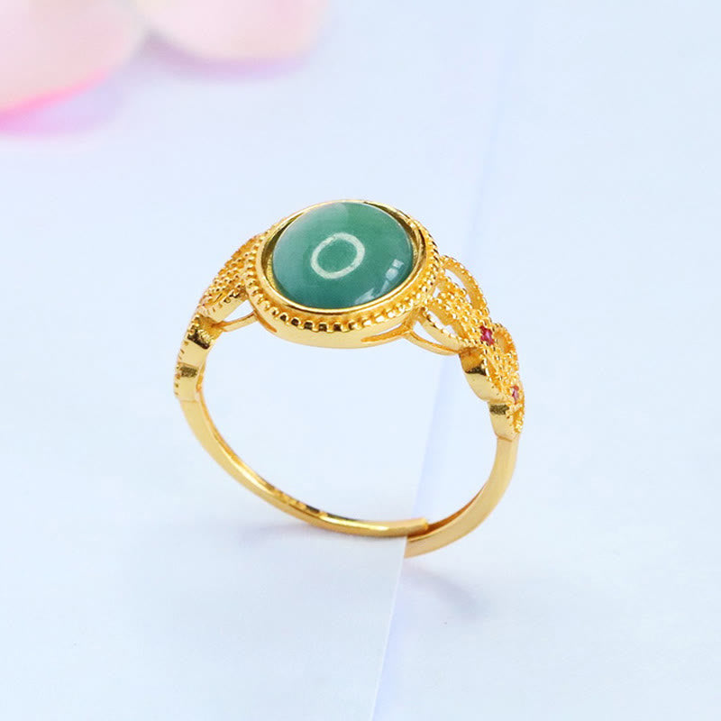 Buddha Stones Natural 925 Sterling Silver Plated Gold Hollow Design Jade Luck Ring