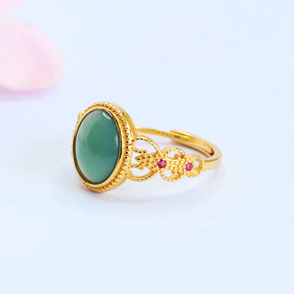 Buddha Stones Natural 925 Sterling Silver Plated Gold Hollow Design Jade Luck Ring