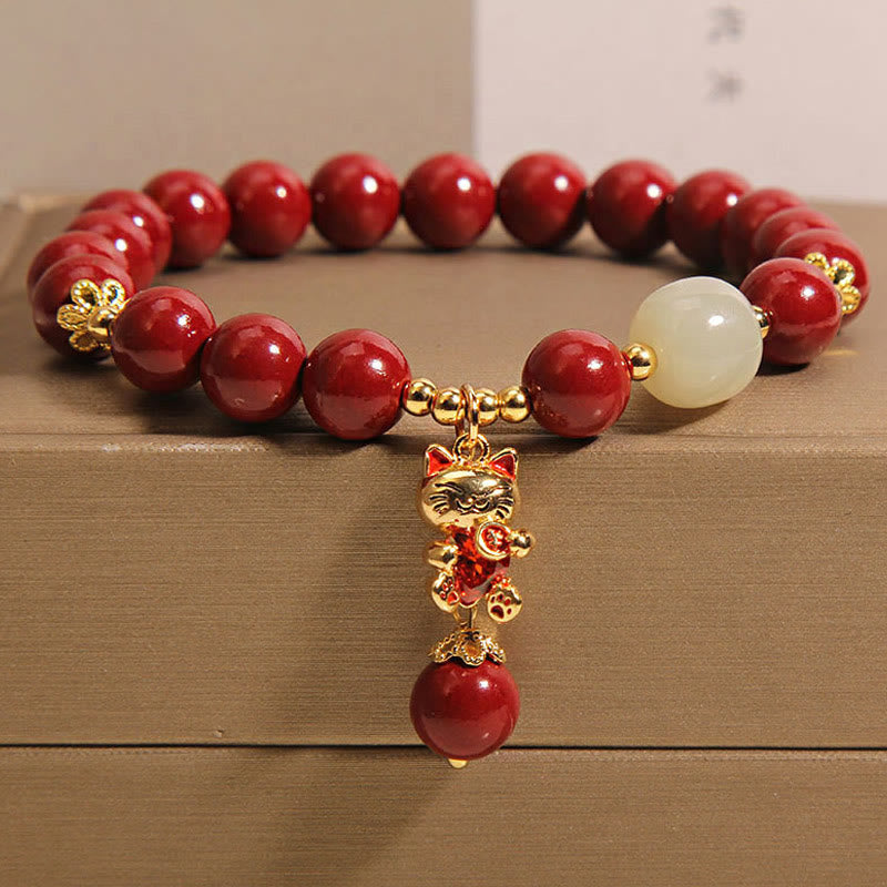 Buddha Stones Natural Lucky Cat Pendant Cinnabar Blessing Bracelet