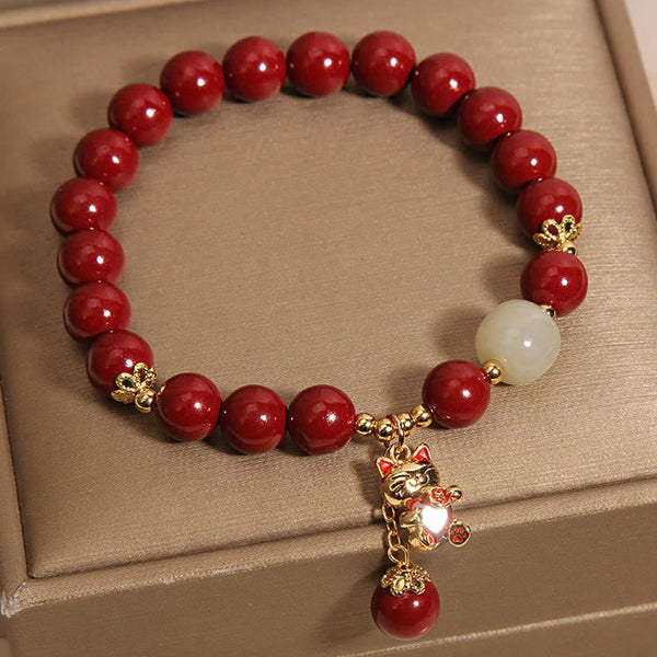 Buddha Stones Natural Lucky Cat Pendant Cinnabar Blessing Bracelet