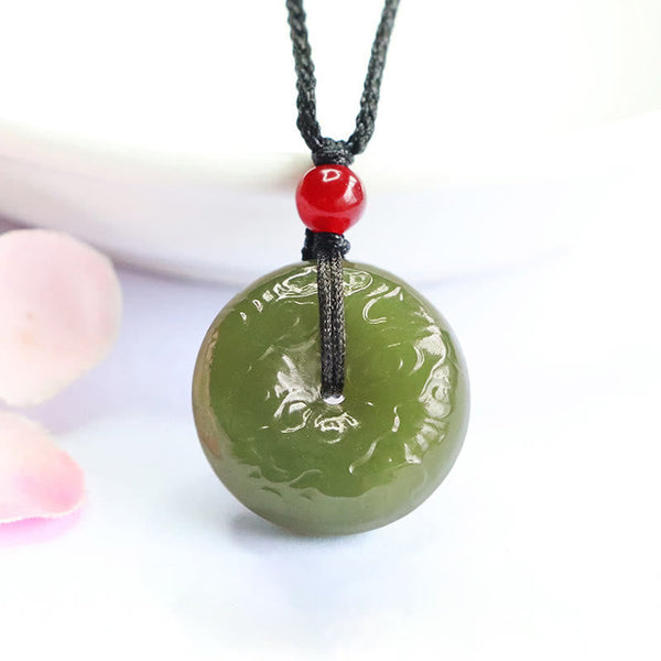 Buddha Stones Peace Buckle Auspicious Clouds Cyan Jade Necklace Luck Pendant