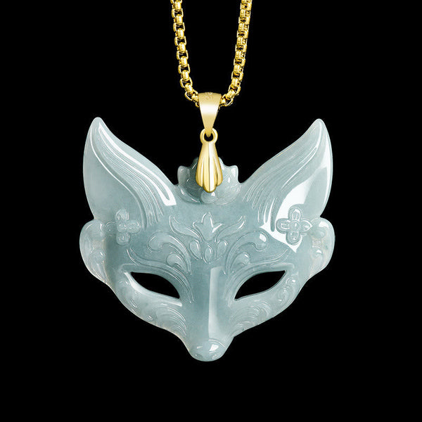 Buddha Stones Fox Mask Jade Titanium Steel Necklace Luck Pendant