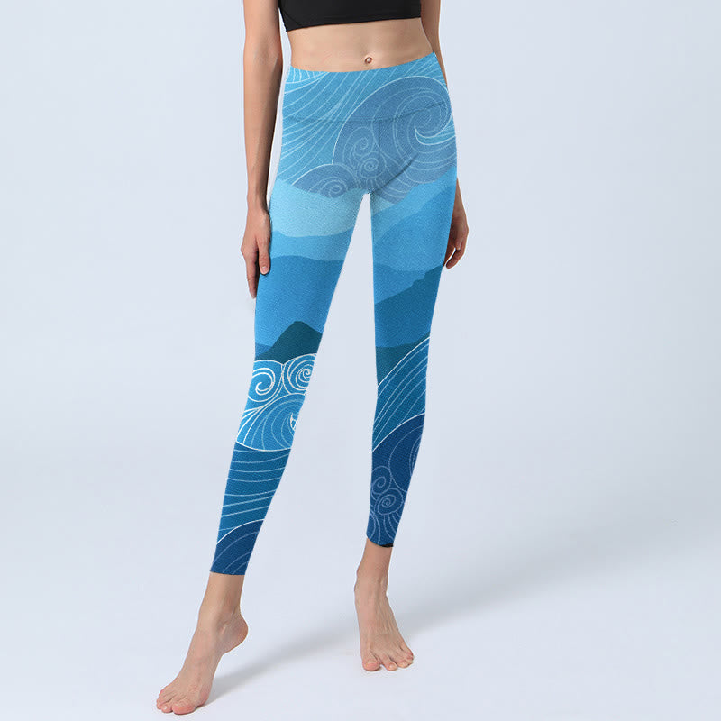 Buddha Stones Blue Waves Mountains Print Gym Leggings Women's Yoga Pants