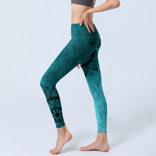 Buddha Stones Green Sunflowers Blossoms Print Gym Leggings Women's Yoga Pants
