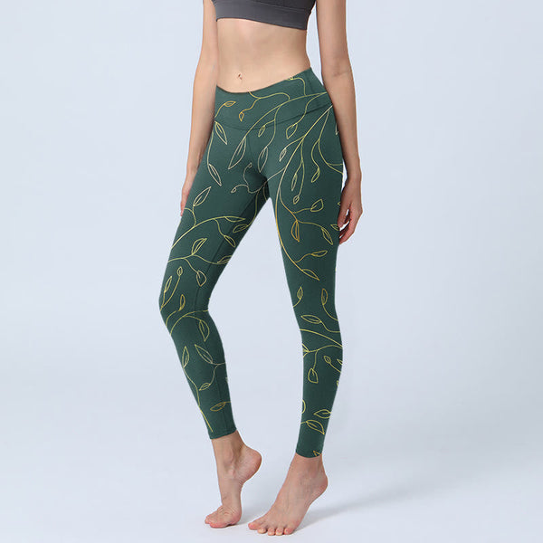 Buddha Stones Green Golden Leaves Branches Print Gym Leggings Women's Yoga Pants