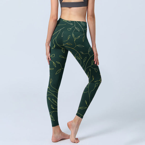 Buddha Stones Green Golden Leaves Branches Print Gym Leggings Women's Yoga Pants