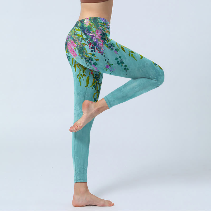 Buddha Stones Vibrant Flowers Green Willow Leaves Print Gym Leggings Women's Yoga Pants