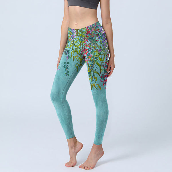 Buddha Stones Vibrant Flowers Green Willow Leaves Print Gym Leggings Women's Yoga Pants