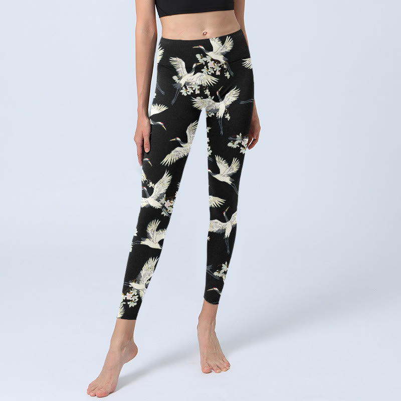 Buddha Stones White Cranes Blossoms Print Gym Leggings Women's Yoga Pants