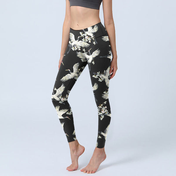 Buddha Stones White Cranes Blossoms Print Gym Leggings Women's Yoga Pants