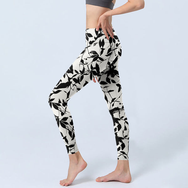 Buddha Stones Black Leaves Print Gym Leggings Women's Yoga Pants