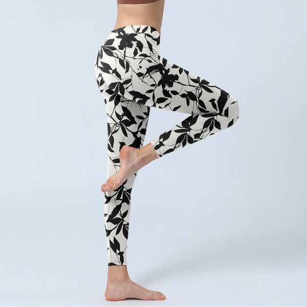Buddha Stones Black Leaves Print Gym Leggings Women's Yoga Pants