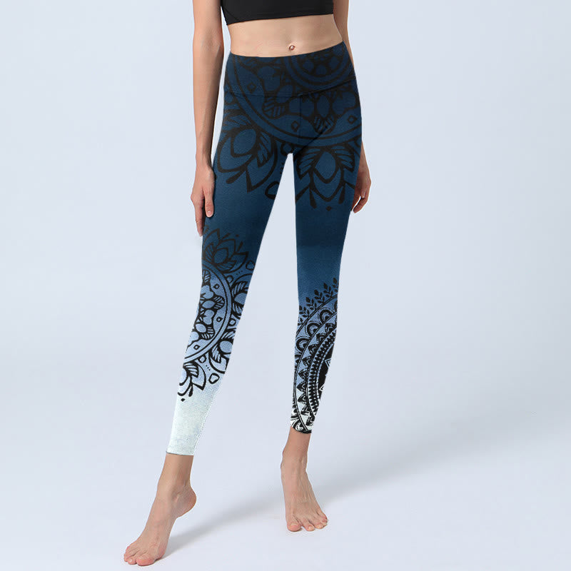 Buddha Stones Circular Mandala Flower Print Gym Leggings Women's Yoga Pants