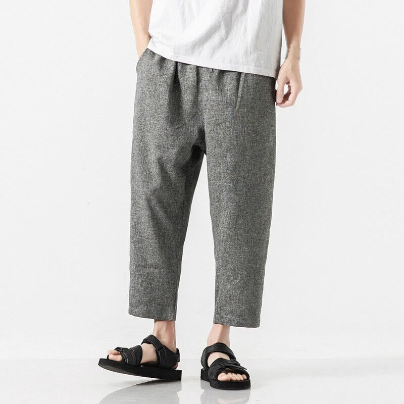 Buddha Stones Summer Plain Men's 7-8 Length Cotton Linen Pants With Pockets