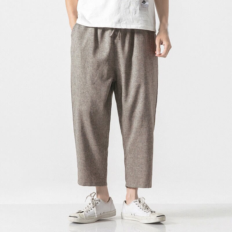 Buddha Stones Summer Plain Men's 7-8 Length Cotton Linen Pants With Pockets