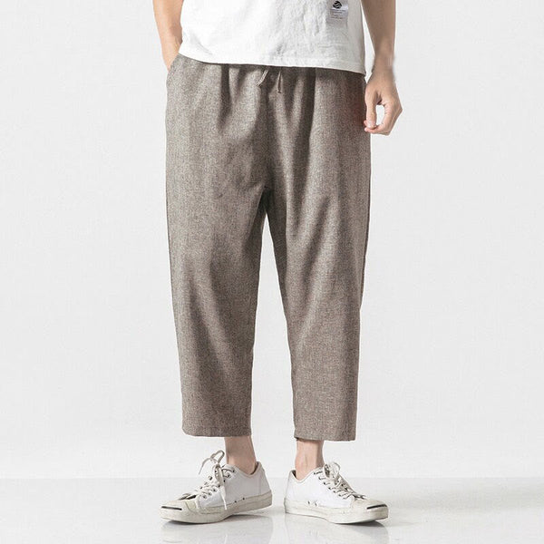 Buddha Stones Summer Plain Men's 7-8 Length Cotton Linen Pants With Pockets