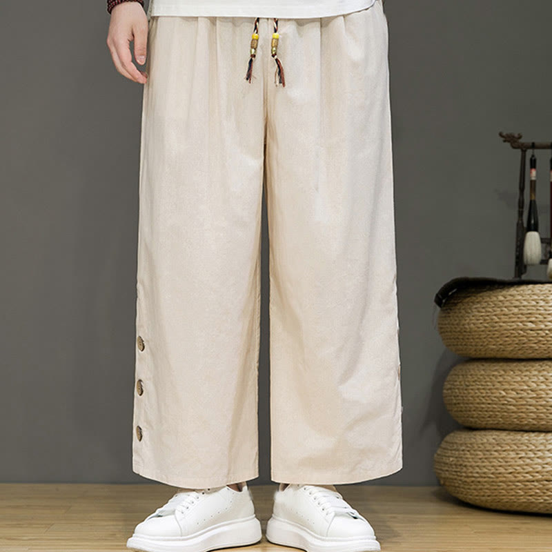 Buddha Stones Solid Color Linen Buttons Drawstring Men's Straight Leg Pants With Pockets