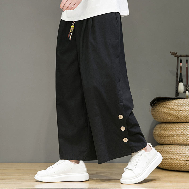 Buddha Stones Solid Color Linen Buttons Drawstring Men's Straight Leg Pants With Pockets