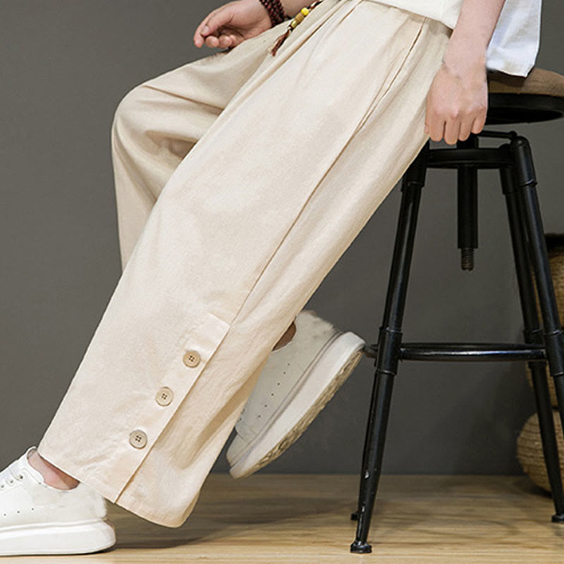 Buddha Stones Solid Color Linen Buttons Drawstring Men's Straight Leg Pants With Pockets