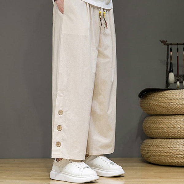 Buddha Stones Solid Color Linen Buttons Drawstring Men's Straight Leg Pants With Pockets