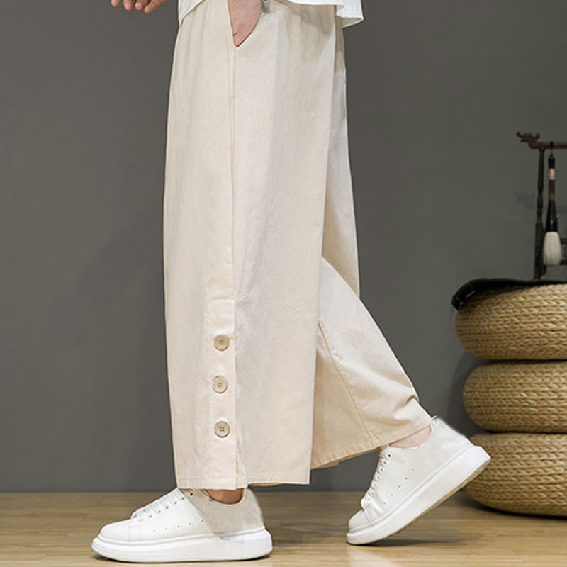 Buddha Stones Solid Color Linen Buttons Drawstring Men's Straight Leg Pants With Pockets