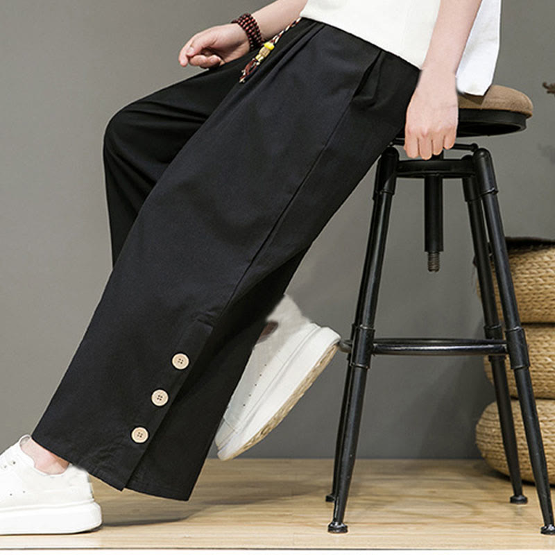 Buddha Stones Solid Color Linen Buttons Drawstring Men's Straight Leg Pants With Pockets