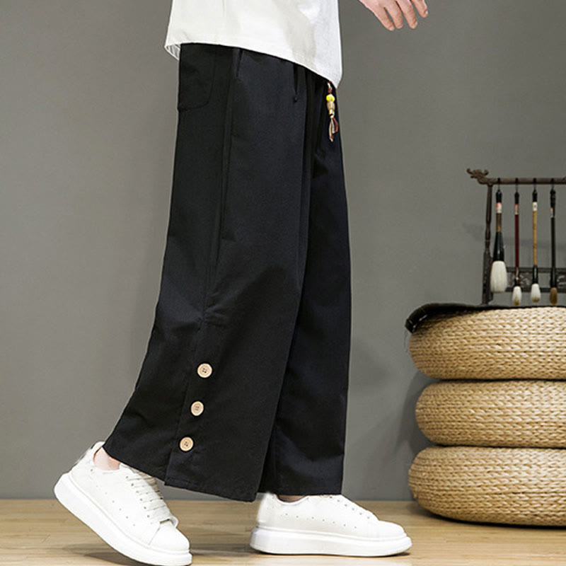 Buddha Stones Solid Color Linen Buttons Drawstring Men's Straight Leg Pants With Pockets