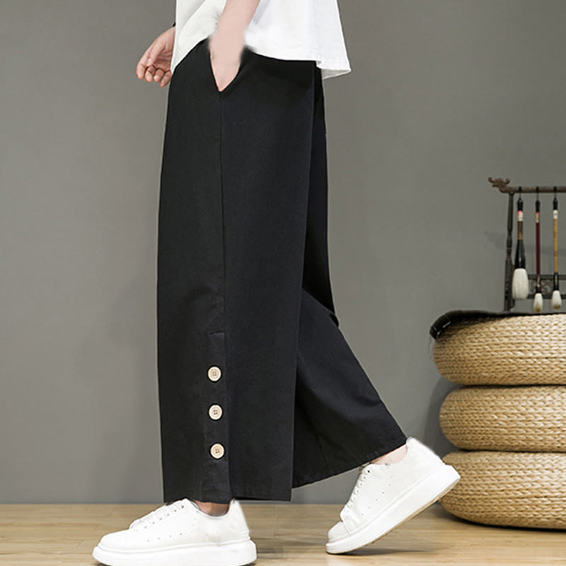 Buddha Stones Solid Color Linen Buttons Drawstring Men's Straight Leg Pants With Pockets