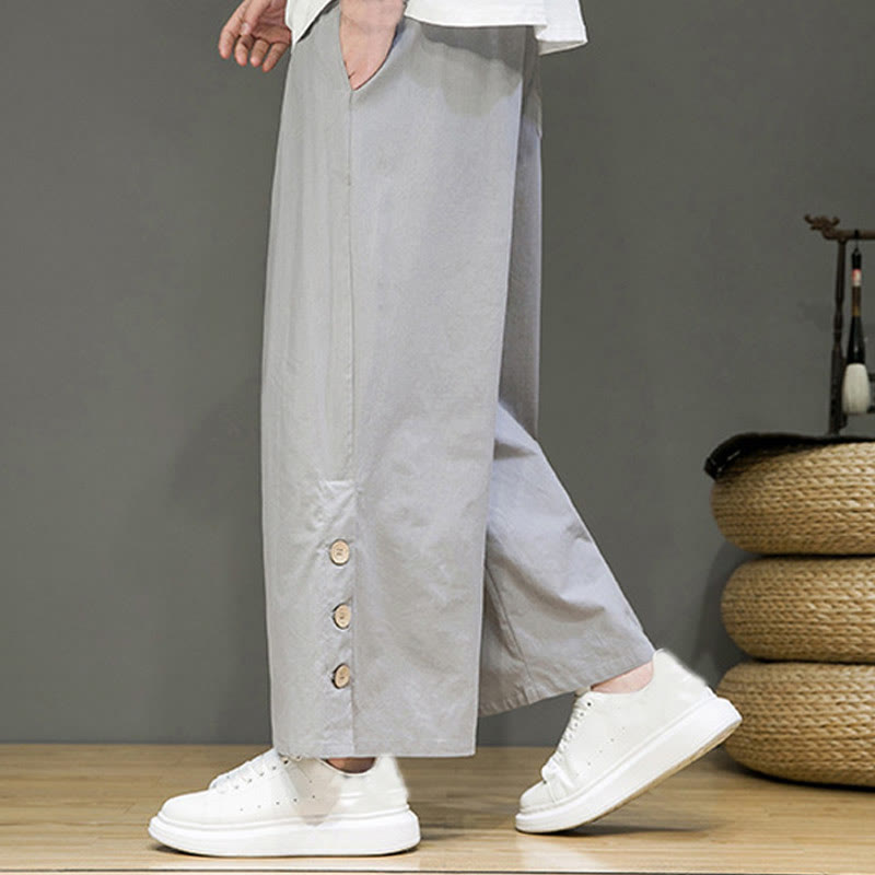 Buddha Stones Solid Color Linen Buttons Drawstring Men's Straight Leg Pants With Pockets