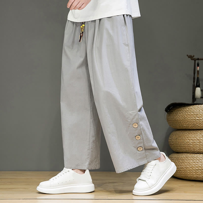 Buddha Stones Solid Color Linen Buttons Drawstring Men's Straight Leg Pants With Pockets