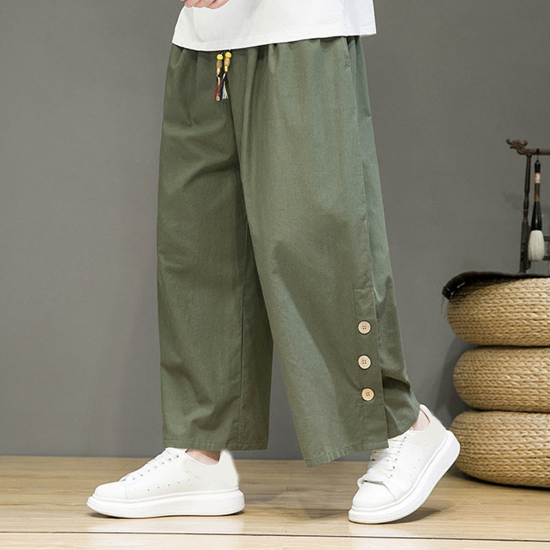 Buddha Stones Solid Color Linen Buttons Drawstring Men's Straight Leg Pants With Pockets