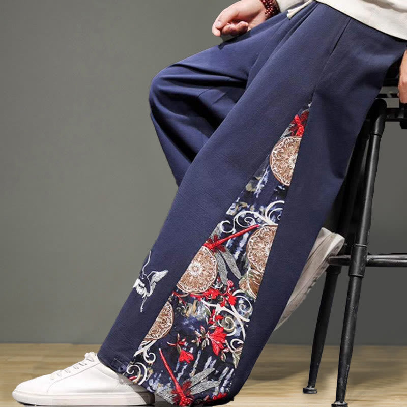 Buddha Stones Crane Embroidery Drawstring Men's Cotton Linen Wide Leg Pants With Pockets