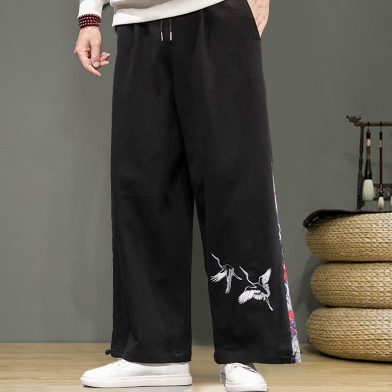 Buddha Stones Crane Embroidery Drawstring Men's Cotton Linen Wide Leg Pants With Pockets