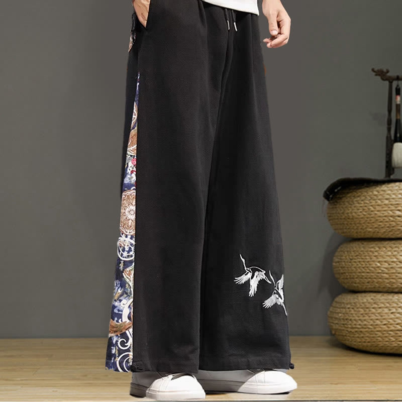 Buddha Stones Crane Embroidery Drawstring Men's Cotton Linen Wide Leg Pants With Pockets