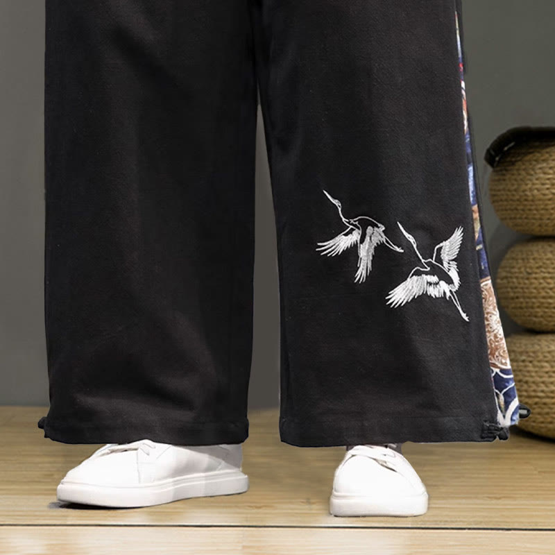 Buddha Stones Crane Embroidery Drawstring Men's Cotton Linen Wide Leg Pants With Pockets