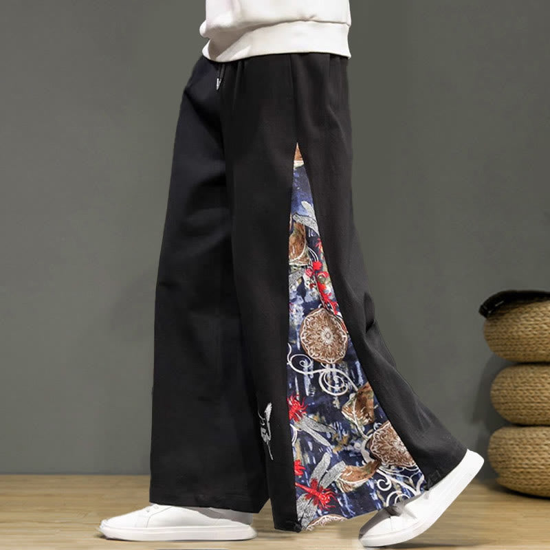 Buddha Stones Crane Embroidery Drawstring Men's Cotton Linen Wide Leg Pants With Pockets