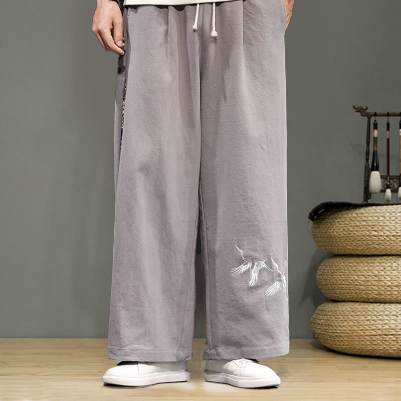 Buddha Stones Crane Embroidery Drawstring Men's Cotton Linen Wide Leg Pants With Pockets